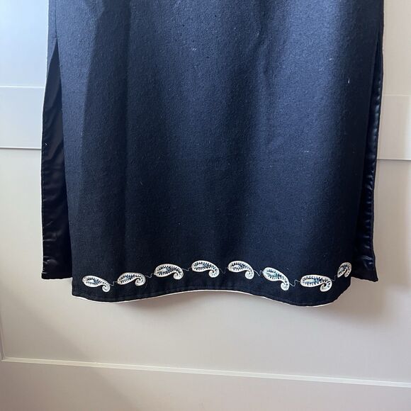 VTG Wool Long Black Coat Vest Jacket Women Small/Med Embroidered Paisley Floral - Picture 7 of 13